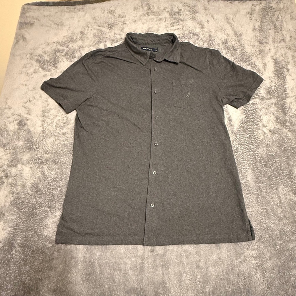 Nautica Mens Short Sleeve Button Down Shirt Dark Gray Pocket Logo Size XL